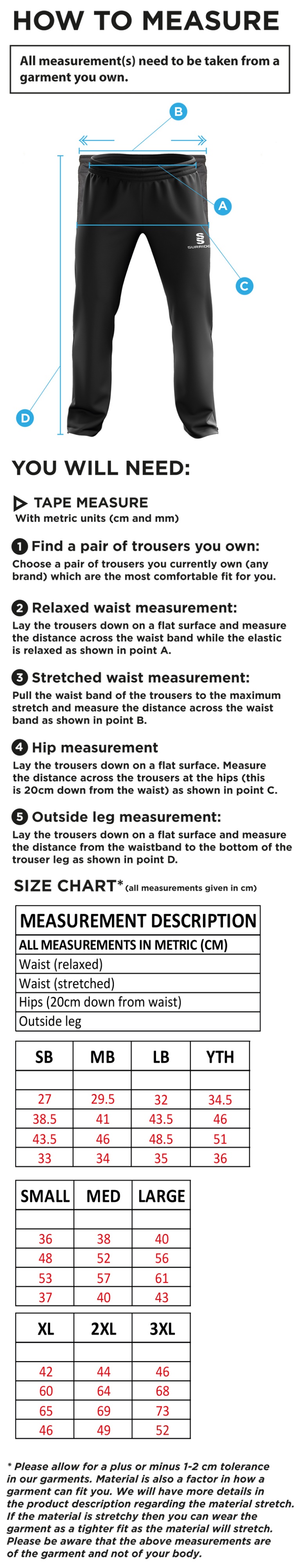Northern Warriors - Ripstop Track Pants - Size Guide