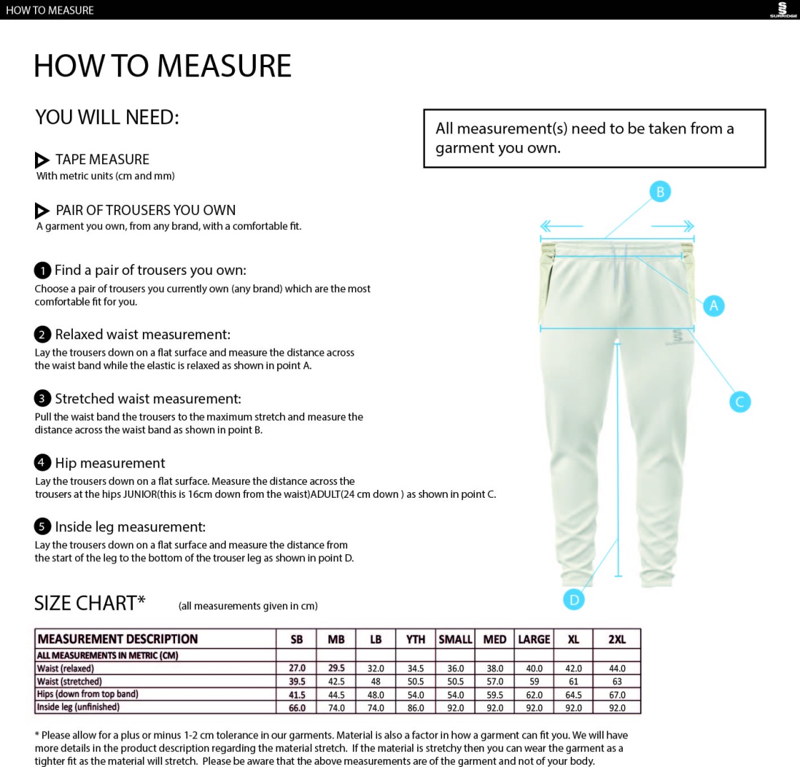 Northern Warriors - Coloured Playing Pant - Size Guide