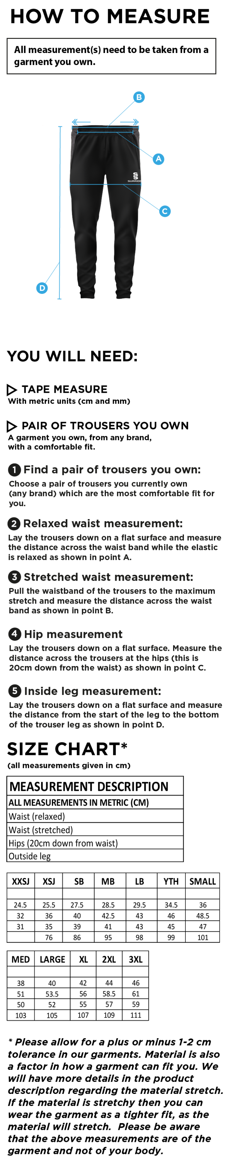 Northern Warriors - Tek Pants - Size Guide