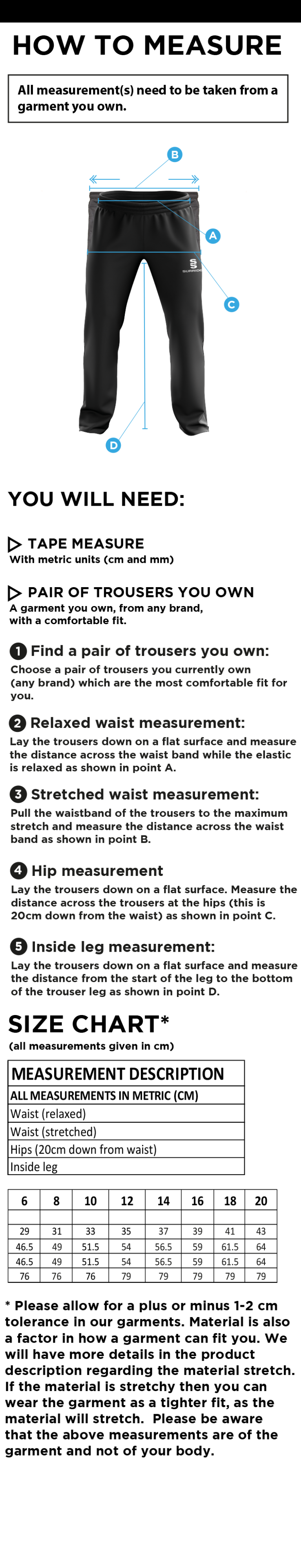 Northern Warriors - Women's Poplin Track Pant - Size Guide