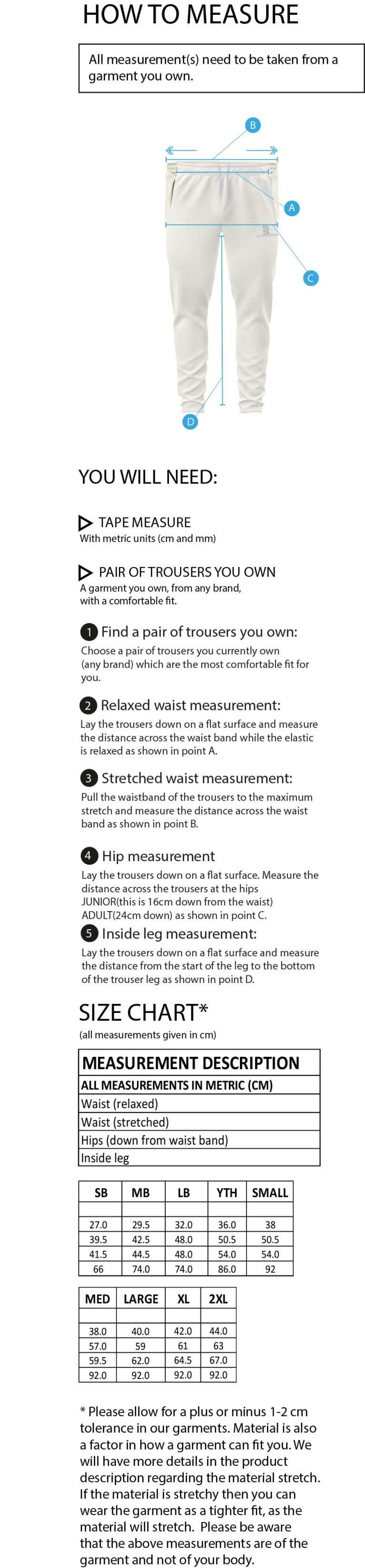 Northern Warriors - Playing Pants - Size Guide
