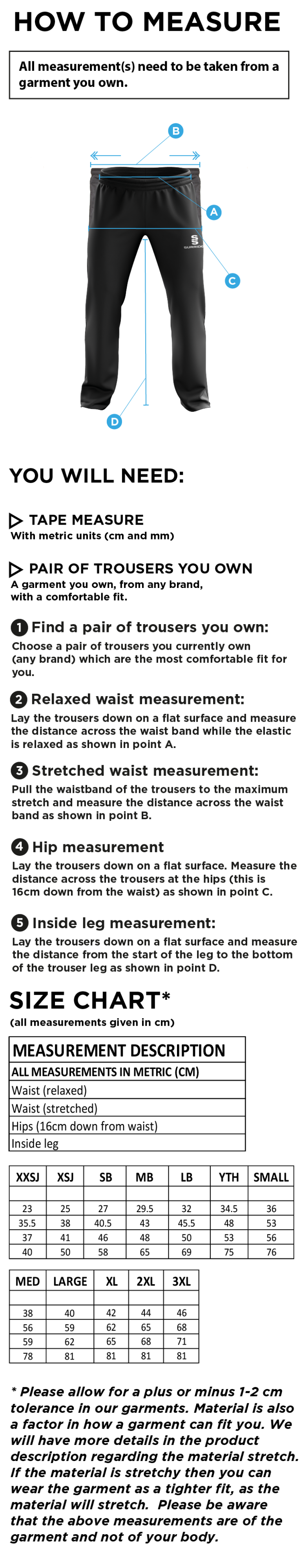 Northern Warriors - Poplin Track Pant - Size Guide