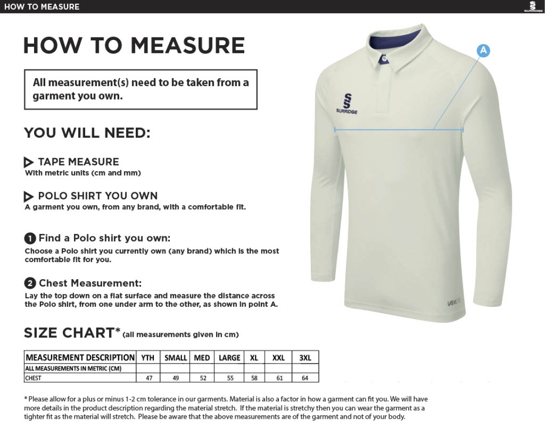 Northern Warriors - Ergo Long Sleeve Cricket Shirt Navy - Size Guide